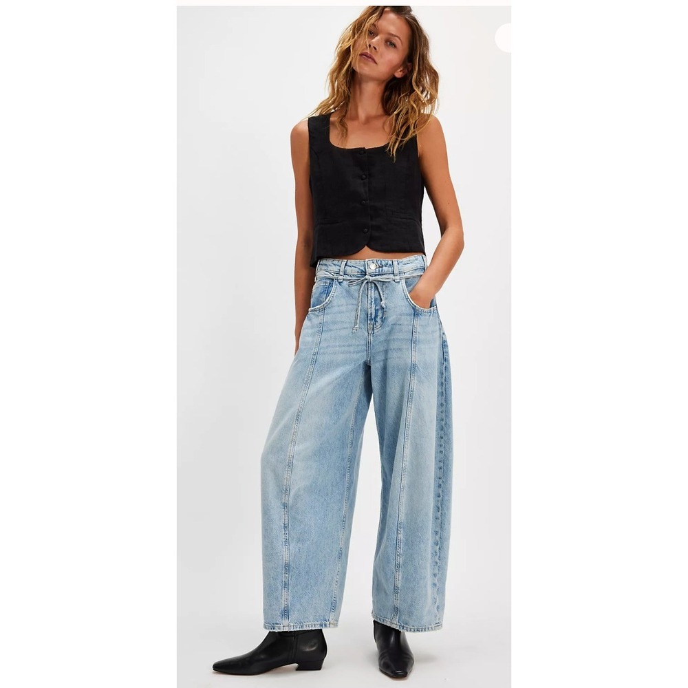We The Free Ellipse Jean Light Wash Blue Barrel Leg Drawstring Denim 30 Boho SEO